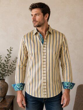 Robert Graham Ribbon Shirt Mens M Yellow Stripe Silk Blend Flip Cuff Luxury NEW